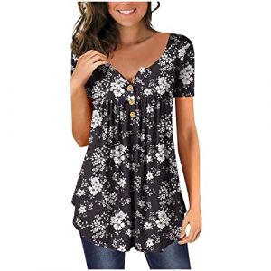 Chic Et &Eacute;l&eacute;gant Chemisier Femme Manches 3/4,T Shirt Imprim&eacute; Fleurs avec Pliss&eacute;,Tee Shirt Col en V Blouse De Boheme Hauts avec Boutons,D&eacute;contract&eacute;e Tunique &Eacute;t&eacute; Plage Travail Tunique Tops (Wyongtao❖, neuf)