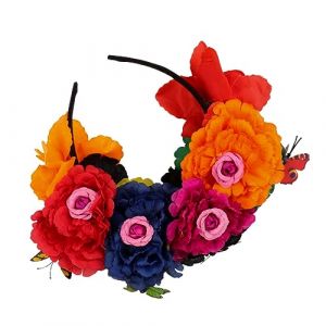 TOPPERFUN Couronne de Fleurs Halloween Bandeau Serrage-T&ecirc;te Femme Fleurs Artificielles D&eacute;coratives Accessoire D&eacute;guisement F&ecirc;te Tissu Doux Adapt&eacute; Femmes au Foyer Style Mexicain Multicolore (Linuya, neuf)