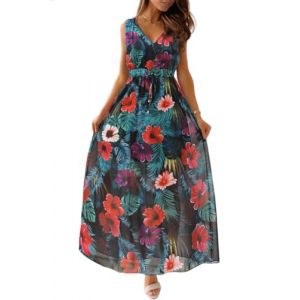 CheChury Femme Longue Robe Col V Backless Dos Nu Robe Taille Haute Boheme Chic sans Manches Robe de Soirée été Robe de Plage Imprimé Soirée Maxi Dress,Rouge,S (LYworld, neuf)