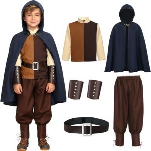 Mishopy Deguisement Medieval Enfant Vikings Costume Enfant Cape Bleu Marine Haut Pantalon Ceinture Prot&egrave;ge-poignet D&eacute;guisement Pirate Chevalier Archer Costume Carnaval Enfant Renaissance Cosplay (120) (Mishopy-EU, neuf)