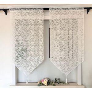Vordesack Lot de 2 panneaux jacquard avec pompon - Rideau brise-bise court avec broderie - Motif floral - Avec cordon de serrage - 60 x 45 cm - Fleurs (meinhause, neuf)