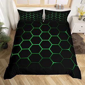 Parure de lit hexagonale 3D géométrique en nid d'abeille Housse de couette pour enfants garçons filles Luxe Beehive Hexagon Housse de couette Neon Vert noir Decor Couvre-lit Housse 220 x 240cm (Bofanshangmao, neuf)