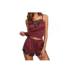Ensembles de Pyjama Femme Sexy Lingerie 2 Pi&egrave;ces Short et Caraco V&ecirc;tements de Nuit Dentelle San Manches Camisole Satin de Soie Classique Sleepwear Homewear Cami Shorts Col en V Pyjama pour Femme (qicimaoyidian, neuf)