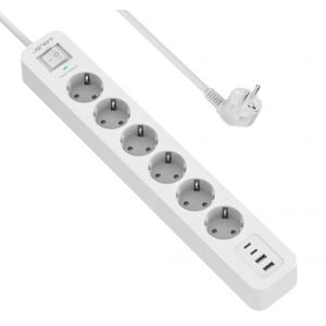 JSVER Multiprise USB C,6 Prises avec 4 Ports USB Chargeur de Voyage, Parasurtenseur Multiprise Electrique(3680W 16A) Parafoudre et Surtension avec Interrupteur Cable 2m pour Smartphone Tablette- Blanc (JsverDirect, neuf)