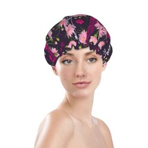 Bonnet de douche pour femme, r&eacute;utilisable, imperm&eacute;able, double couche, bande &eacute;lastique, bonnet de bain pour cheveux longs, tour Eiffel, fleur rose (JinRui-EU, neuf)