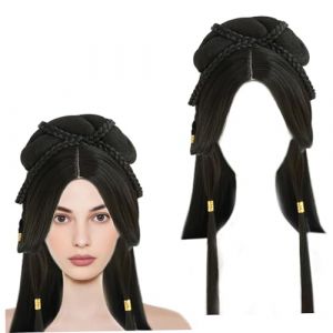 Tenue chinoise pour femme - Perruque traditionnelle tressée noire longue Hanfus - Perruque asiatique synthétique - Costume chinois pour filles et femmes Geisha (BBhalcyonheiyo, neuf)