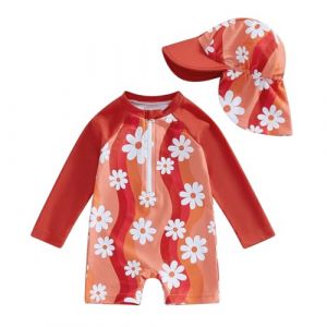 Carolilly Maillot de Bain Une Pièce Enfant Bébé Fille Zippé à Manches Longue Anti-UV avec Chapeau (Rouge Fleurs, 3-4 Years) (La Vie Brillante, neuf)