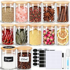 Lot de 12 pots &agrave; &eacute;pices vides en verre avec couvercles en bambou, 250 ml avec &eacute;tiquettes, petits pots d'assaisonnement herm&eacute;tiques pour sel, poivre, poudre de piment, sucre, th&eacute; en vrac (Zelova, neuf)