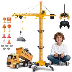 HILKKET Grue &agrave; Tour T&eacute;l&eacute;command&eacute;e 138 cm, 2,4 GHz RC Grue &agrave; Tour Enfant, Gru Crane De Chantier, 680 Degr&eacute;s de Rotation Gru de Chantier Enfant avec Camion &agrave; Benne basculante RC pour Les Gar&ccedil;on (Textile knot OU, neuf)