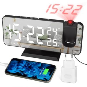 EVILTO R&eacute;veil &agrave; Projection Plafond Radio FM - R&eacute;veil Electronique Enfant &Eacute;cran Miroir&ensp;Double Alarmes Affichage Temp&eacute;rature Et Humidit&eacute; 4 Niveaux De Luminosit&eacute; avec Prise Secteur-Noir (EVILTO Tech, neuf)