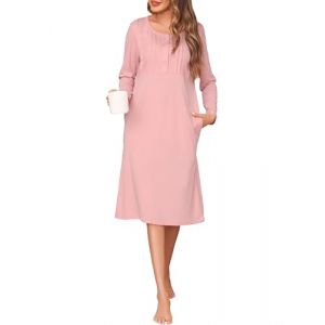 Wikoan Chemise de Nuit Coton Femme Pyjama &agrave; Manches Longues Robe de Nuit Femmes Hiver Confortable Nuisette Longue avec Poches Rose XXL (Wikoan Direct, neuf)