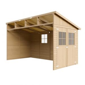 TIMBELA M340 Abri de Jardin en Bois Naturel (sans paroi lat&eacute;rale)- Stockage ext&eacute;rieur avec fen&ecirc;tres- H243x216x416 cm/8 m2, Hangar en Bois Naturel - Atelier Rangement Outils et v&eacute;los (TIMBELA&KO, neuf)