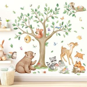 wondever Stickers Muraux Animaux Forêt Arbre Autocollants Muraux Mural Stickers Animaux des Bois Ours Cerf Renard pour Chambre Enfants Bébé Pépinière (Wondever EU, neuf)