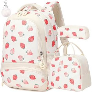 Jumpopack Cartable CP Fille Fraise Sac A Dos Primaire Enfant avec Sac &agrave; Lunch + Trousse pour &Eacute;cole Loisirs Voyage Nylon en Imperm&eacute;able (Newerfee, neuf)