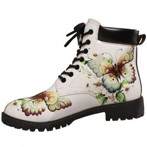 Bottes pour Femmes Bout Rond Talons Bloc Bottines Plateforme Gothique À Lacets Punk Bottes De Combat De Moto en Cuir Imprimé Multicolore Grosses Bottes Courtes (ToBe-One, neuf)