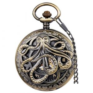 Tiong Montre de poche m&eacute;canique unique en forme de pieuvre avec cha&icirc;ne Style steampunk &agrave; remontage manuel avec chiffres romains Fob Montre squelette (YITIAN-EU, neuf)