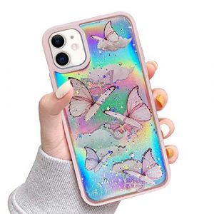 LCHULLE Coque pour iPhone 12/iPhone 12 Pro Motif Papillon Femmes Filles Paillettes au Laser Iris&eacute;es et Etoiles Coque de T&eacute;l&eacute;phone Antichoc en Silicone TPU Souple pour iPhone 12/iPhone 12 Pro Rose (ukbai, neuf)