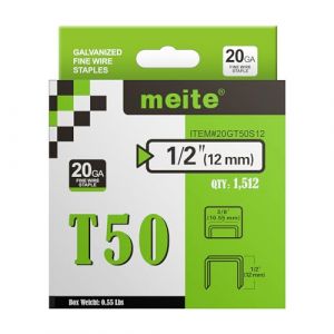 meite Agrafes T50, agrafes robustes de 1,27 cm pour agrafeuse, calibre 20, couronne de 0,9 cm, agrafes galvanisées pour ameublement, agrafes pour pistolet agrafes (1 512 pièces) (MEITE Europe, neuf)