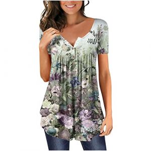 Chic Et &Eacute;l&eacute;gant Chemisier Femme Manches 3/4,T Shirt Imprim&eacute; Fleurs avec Pliss&eacute;,Tee Shirt Col en V Blouse De Boheme Hauts avec Boutons,D&eacute;contract&eacute;e Tunique &Eacute;t&eacute; Plage Travail Tunique Tops (Wyongtao❖, neuf)