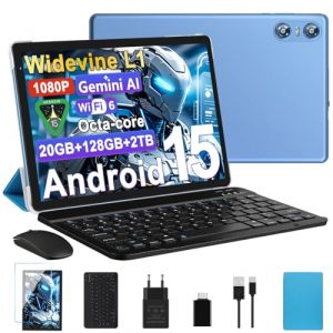 Tablette Android 15 Tablette 10 Pouces 20Go RAM + 128Go ROM(2To Extensible), Octa-Core, GMS Tablette Tactile, WiFi 6, 5G Wi-FI, Widevine L1, 6000mAh, GPS, Tablettes avec Clavier+Souris et Cas-Bleu (EURO COMMERCE 2025 BSEC, neuf)