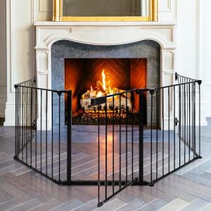 Barrière de Sécurité Enfant - Grand Format en Métal de 310 cm - 1 Porte et 5 Panneaux Préassemblés - Barrière Poêle à Bois et Escalier - 310 * 2,5 * 75cm (Noir 5 pièces) (Hechheu, neuf)