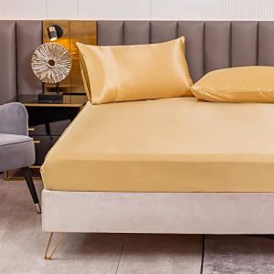 Drap Housse Satin 150x200 cm 2 Personnes avec Grand Bonnet de 30 cm pour Matelas Épais - Drap-Housse Douce en Satin de Soie Polyester Couleur Unie, Jaune Doré (Cote d'Anran, neuf)