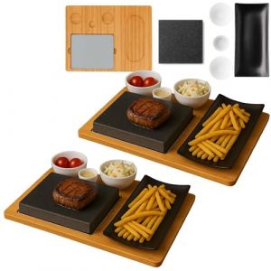 CAWI Lot de 2 planches à steak en pierre de lave - Plateau de service - Planche en bambou avec grill à pierres chaudes - Plaque de cuisson à steak - Plaque en pierre - Barbecue de table (Cawi, neuf)