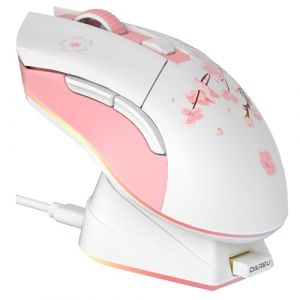 DAREU Sakura Souris sans Fil Rose avec Station de Chargement Rechargeable RGB, 12K DPI, 7 Boutons Programmables, Capteur Haute Précision 300IPS 1000Hz Souris Gamer pour PC Notebook Mac- Rose et Blanc (DAREU Direct EU, neuf)