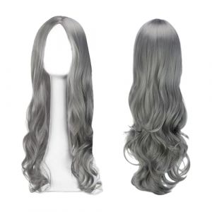 EUPSIIU Perruques Longues Ondulée Gris pour Femmes Perruque, 27’’Cheveux Bouclés Synthétique Résistante à la Chaleursé paration Centrale Perruque de Cheveux pour Cosplay fête Tenue Quotidienne (Gris) (LINJIE EU, neuf)