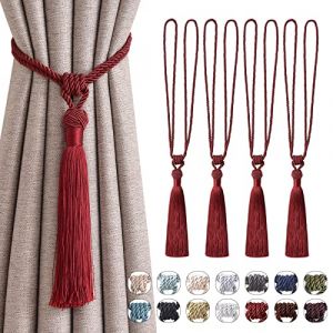 Pretty Jolly Lot de 4 embrasses de rideaux longues à pompons faites à la main en corde tressée avec nœuds de style européen pour décoration de fenêtre de maison et de bureau (rouge vin) (PrettyJolly, neuf)