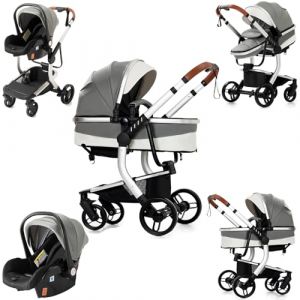 Nine point nine Cuir PU Poussette 3 en 1, Poussette Bebe avec Double Modes de Poussée Réversibles, Poussette Canne avec Grande Nacelle Confortable, Pousette Cadre Aluminium Haute Paysage (518 Grey) (Kaiwen baby products, neuf)