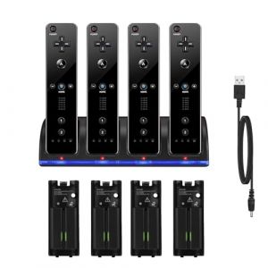 Chargeur pour Manette de Wii avec 4 Batteries 2800mAh Rechargeables Et Indicateurs LED,Chargeur de Wiimote pour Support de Charger de Station de Charge pour Télécommande Wii,Noir (yujunds, neuf)