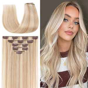 TESS Balayage blond Extension a Clip Cheveux Naturel, 5PCS Tresses à Double Tranchant #18/613 Beige Sable Blond/blond clair lumineux Rajout Cheveux Clip Naturel Lisse Cheveux Humains Remy 75g 60 cm (TESS Official, neuf)