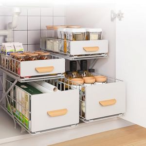 HUOLE Rangement Sous évier à 2 Niveaux,Organiseur de Cuisine, Étagère sous Évier, Porte-épices,Panier de Rangement Coulissant en métal,pour Cuisine, Salle de Bain,Chambre (40 * 26 * 43 cm-blanc-2PC) (Hechheu, neuf)