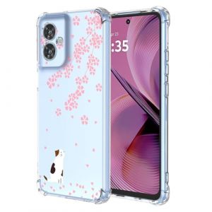 SEAHAI Coque pour Motorola Moto G55 5G, Ultra Mince &Eacute;l&eacute;gant en Silicone Souple Fleurs Color&eacute;s Housse Brillante Antichoc, Transparent TPU Gel &Eacute;tui - Chat Sakura (Liner-EU, neuf)