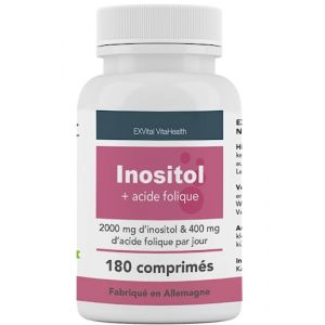 Inositol, idéalement combiné avec de l'acide folique, 180 comprimés, myo-inositol pur, hautement dosé : 2000 mg d'inositol & 400 ?g d'acide folique par jour, vitamines B8, végétalien & sans additif (EXVital, neuf)