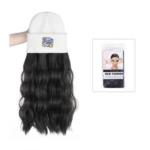 Chapeau Perruque Chapeau tricoté blanc avec perruques de cheveux for les femmes synthétiques longs cheveux bouclés bonnet naturel noir brun extension de cheveux faux cheveux Perruques De Chapeau Pour (shaochanjia, neuf)