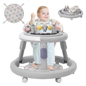 Trotteur B&eacute;b&eacute; 3 en 1 avec Aire de Jeu, Plateau et Repose-pieds, Hauteur R&eacute;glable Assis-debout, Roues Silencieuses &agrave; 360&deg;, Trotteur Pliable et Durable, Adapt&eacute; aux Enfants de 6 Mois et Plus (Gris) (Aomlarow Playtime, neuf)