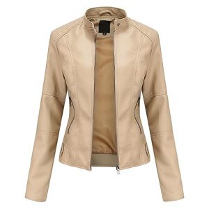 YYNUDA Femme Veste en Cuir PU Bombers Aviateur Moto Blouson Femme Simili Cuir Biker Zippé Chaud Casual Beige L (YYNUDA Store, neuf)