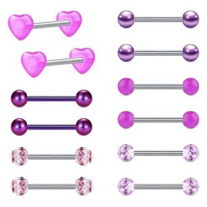 LAURITAMI 12pcs 14G Piercing Barre de Langue en Acier Chirurgical Bouclier de Mamelon Droite Barbell Anneaux Bar Cristal Piercing pour Le Corps Bijoux (JUN SI FANG, neuf)