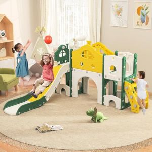 Toboggan pour Enfant 7 en 1,Toboggan Multifonction pour Enfants,avec Cadre d'escalade, Télescopes,Couloir de Jeu,Glissière Interieur Enfant avec 1 Glissière, Jaune + Vert (VISTA SHOP ST S.R.L., neuf)