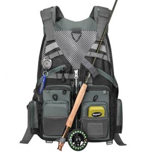 Gonex Gilet de P&ecirc;che &agrave; La Mouche pour Hommes et Femmes, Gilet de P&ecirc;che R&eacute;glable Confortable avec Plusieurs Poches et Bandes R&eacute;fl&eacute;chissantes pour La P&ecirc;che &agrave; La Mouche, La P&ecirc;che &agrave; La Truite, Gris+Noir (Peak Circle Kft, neuf)