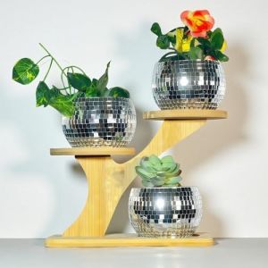 3 pi&egrave;ces de pot de plantes boule disco avec support en bois, vase boule disco, bol boule disco, pot de plantes en bambou en verre miroir argent&eacute; boule disco, pot de cactus et plantes succulentes d&eacute;cor (Qiumy, neuf)