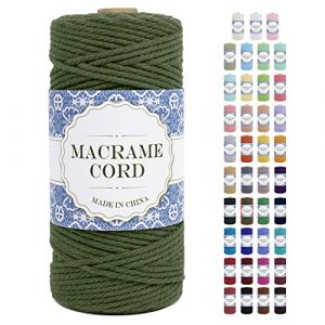 Uiopa Corde Macramé 3mm x 100m Ficelle Macramé Naturel Cordon Coton Fil Macramé 3mm Cordelette pour Suspension Murale Tressée de Plante Rideau Bricolage Décoration Intérieure Boho (Armée Verte) (XEYUAN, neuf)