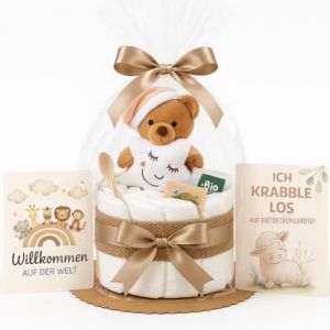 G&acirc;teau de couches pour fille et gar&ccedil;on avec ours en peluche &ndash; Boho Vintage [fait &agrave; la main] &ndash; Cadeau de naissance pour b&eacute;b&eacute;, avec doudou, couches de qualit&eacute; sup&eacute;rieure, cuill&egrave;re pour b&eacute;b&eacute; et th&eacute; bio (Homery, neuf)