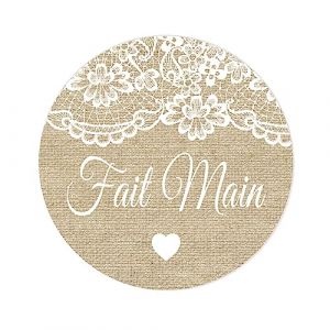 100 STICKERS Autocollants Fait Main Mariage - TOILE DE JUTE ET DENTELLE EFFET Etiquettes,40MM ROND Joints d'enveloppe pour faveurs de Mariage/Baptême/cartes/dragees -UNI 713 (FashionMall, neuf)