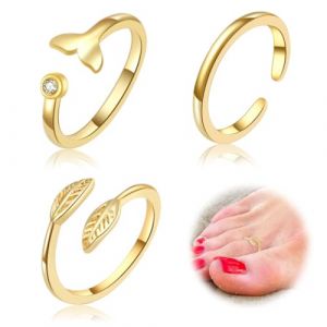 IKOPFLN 3 Pièces Bagues d'orteil Remplies d'or 14 Carats pour Femme Bagues à Bout Ouvert avec Feuilles Bagues De Pouce Réglables Bagues d'orteil en Or Bijoux de Pied de Plage d'Été (IKOPFLN, neuf)