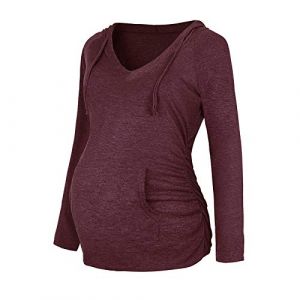 DAY8 Vêtement Femme Enceinte Hiver Pas Cher a la Mode Chic Chemise Femme Enceinte Atuomne Haut Femme Enceinte Manche Longue Printemps Maternité T Shirt Grossesse Tunique Blouse Imprimé (Wine, M) (SoLu DAY8, neuf)