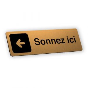 Plaque signal&eacute;tique grav&eacute;e autocollante Sonnez ici fl&egrave;che gauche - or bross&eacute; - format 12x3,7 cm (my-goodprice, neuf)