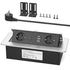 Prise encastrable de Table en Aluminium avec Interrupteur, 3 Prises 2500W/10A, 2 Ports USB-C PD 20W & 2 Ports USB-A &ndash; Bloc multiprise escamotable, c&acirc;ble 1,8 m, argent&eacute; (Sewingvr, neuf)